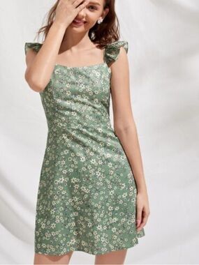 ROMWE Green Floral Ruffle-Strap Mini Dress
